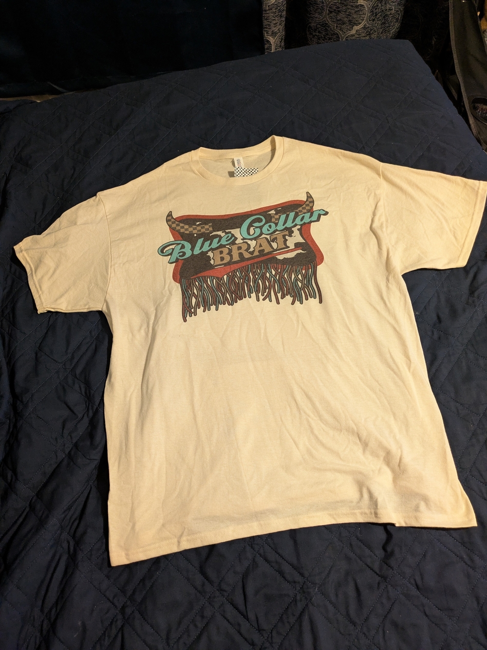 Custom Beige Graphic 'Blue Collar Brat' Short Sleeve Tee